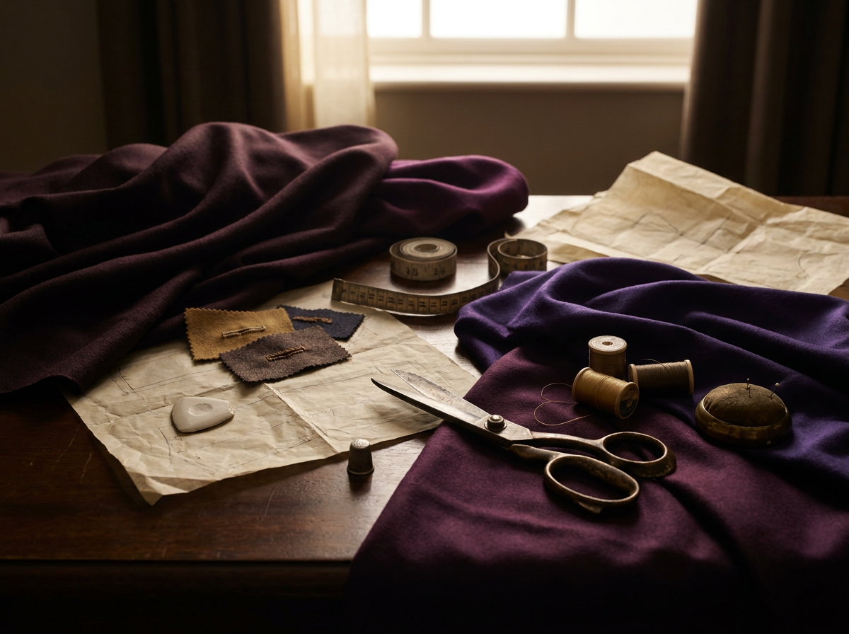 Fine cloth, tailoring shears, pattern paper, and atelier tools arranged without people
