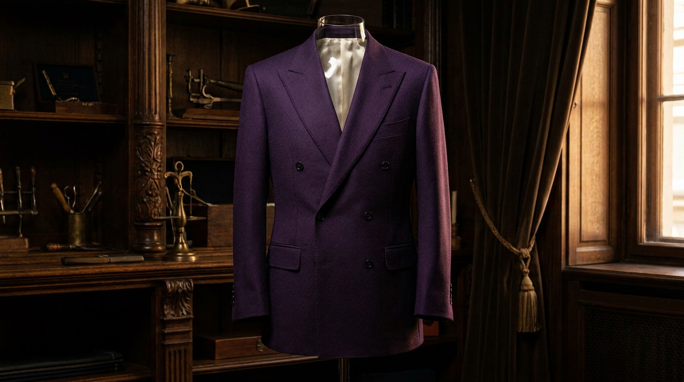 Sovereign-purple double-breasted bespoke suit displayed alone in a shadowed atelier