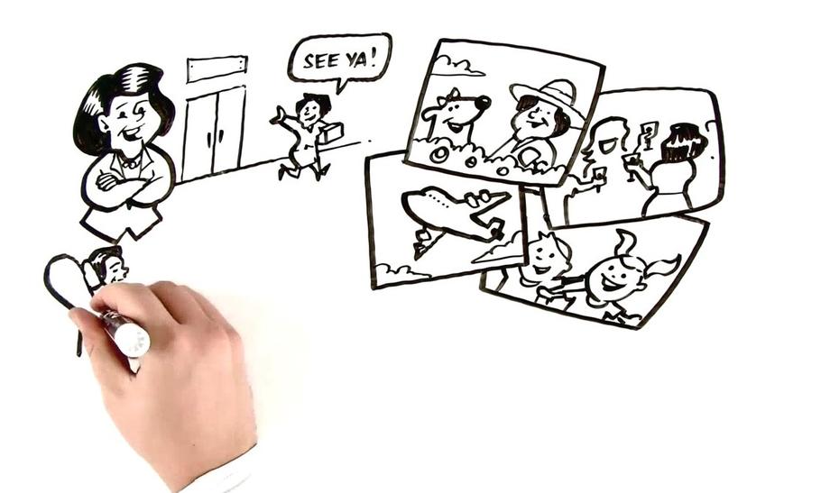 Hand drawing a cartoon storyboard of travel and family memories.