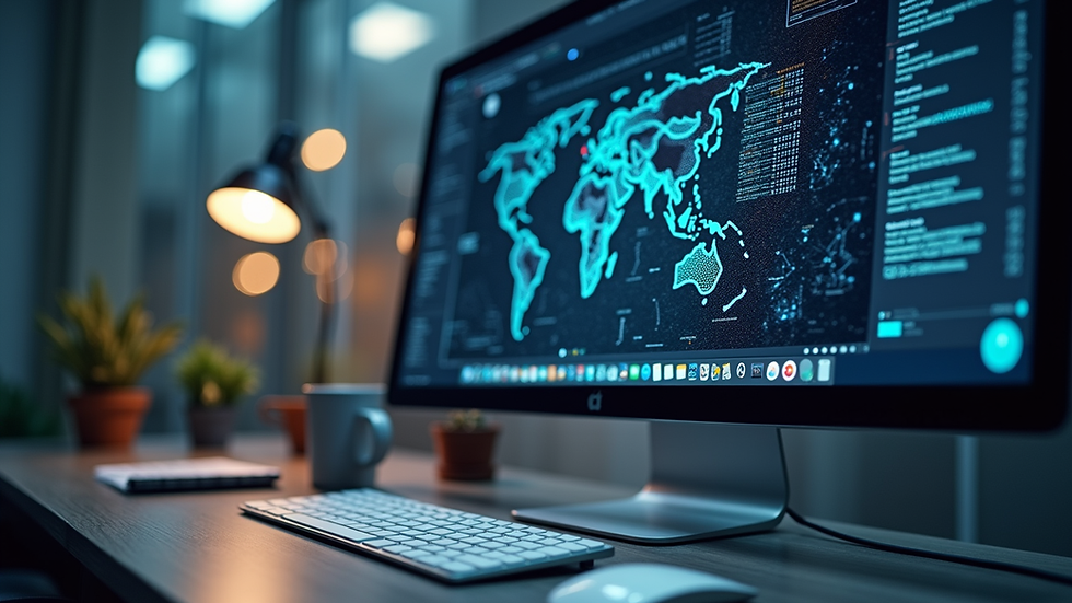 Eye-level view of a modern workspace with a computer displaying AI algorithms