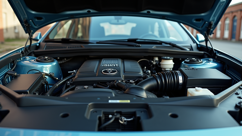 Eye-level view of a car engine bay with the hood open