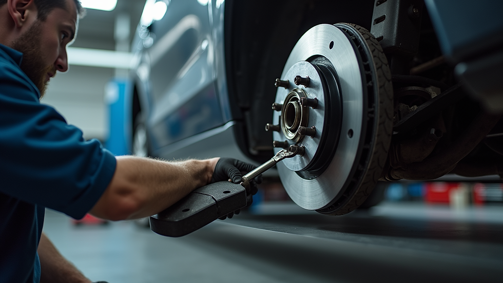 Eye-level view of a mechanic inspecting brake pads on a vehicle