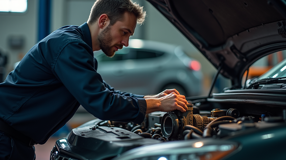 Eye-level view of a mechanic inspecting a vehicle transmission