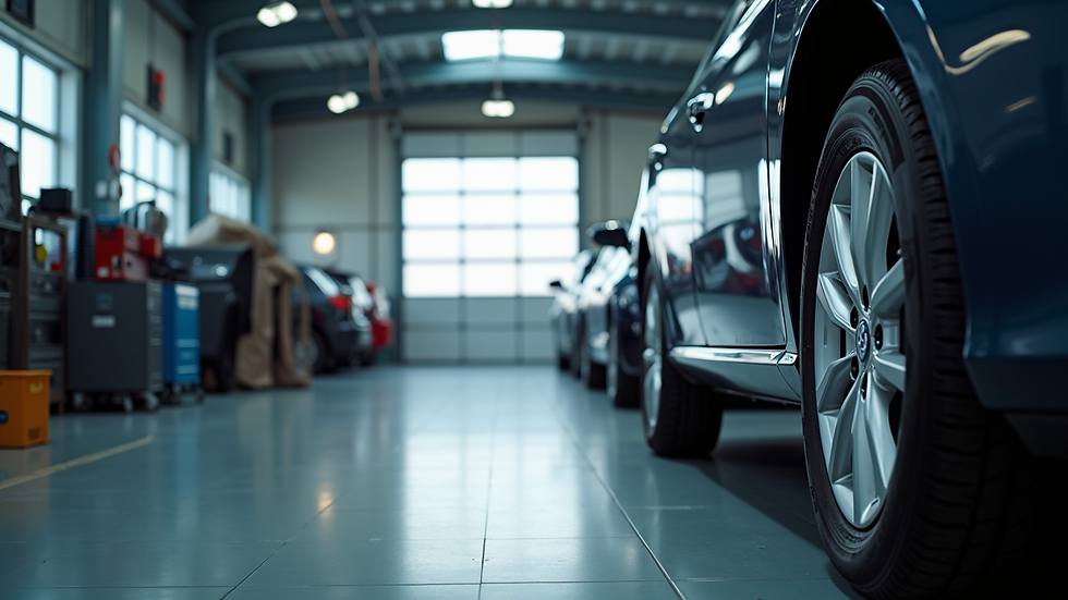 Eye-level view of a car repair shop with vehicles being serviced