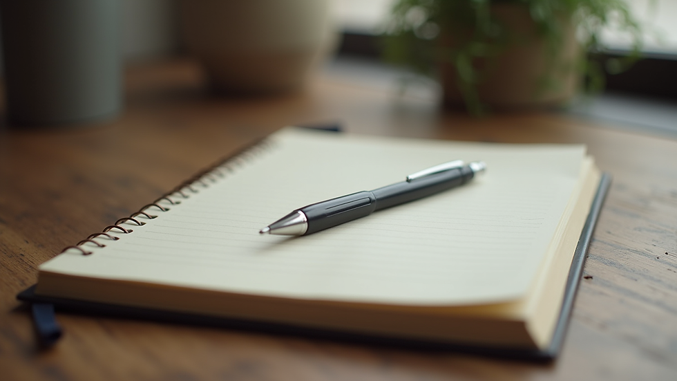 Close-up view of a journal and pen on a wooden table