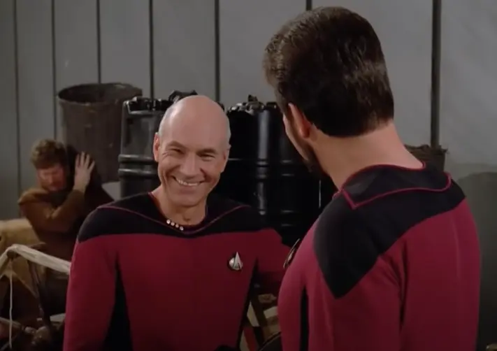 Patrick Stewart as Captain Picard and Jonathan Frakes as Riker