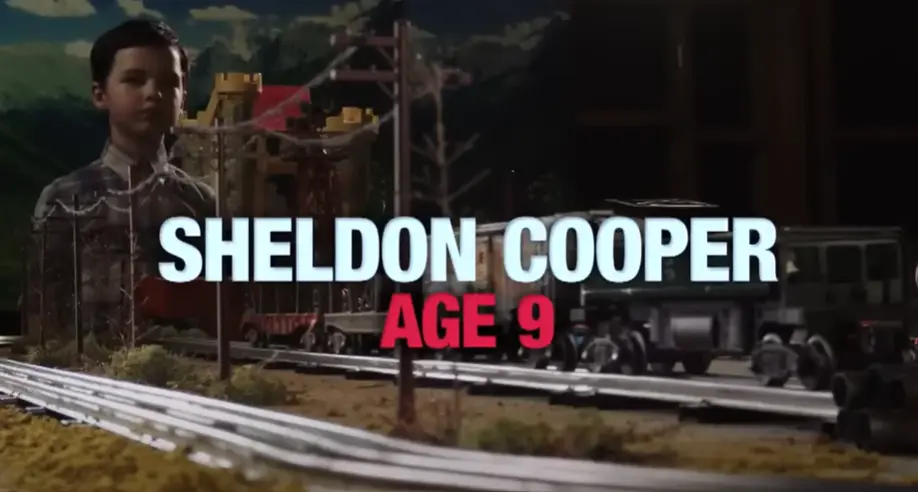 Sheldon Cooper with his train set in the garage in Season 1