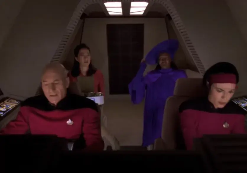 Michelle Forbes as Ensign Ro, Whoopi Goldberg as Guinan,  Rosalind Chao as Keiko O'Brien in Star Trek The Next Generation