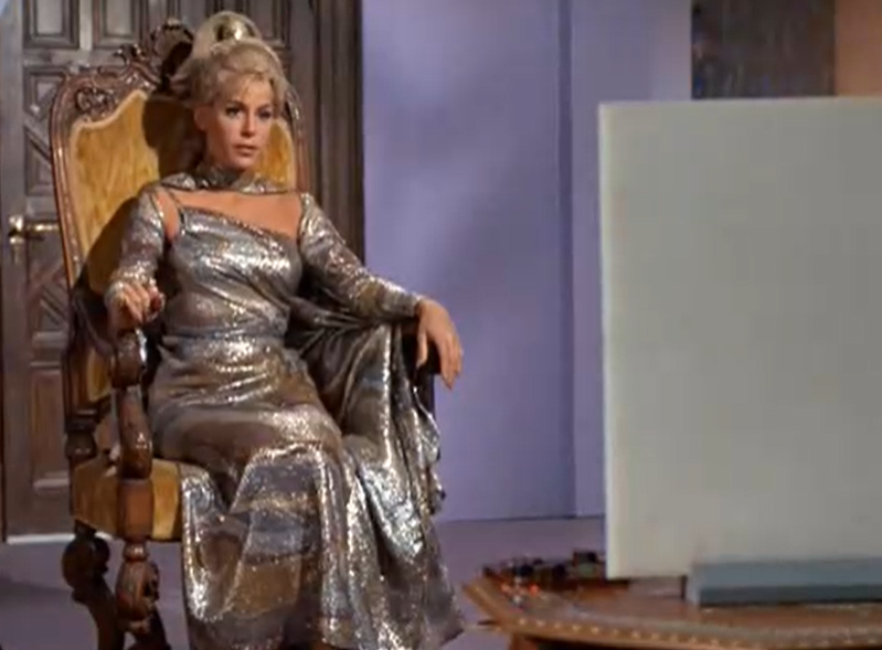 Louise Sorel as Rayna Kapec looking at a Flat Screen TV in Requiem for Methuselah