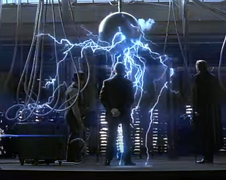 Tesla demonstrating his machine to Robert Angier in The Prestige movie