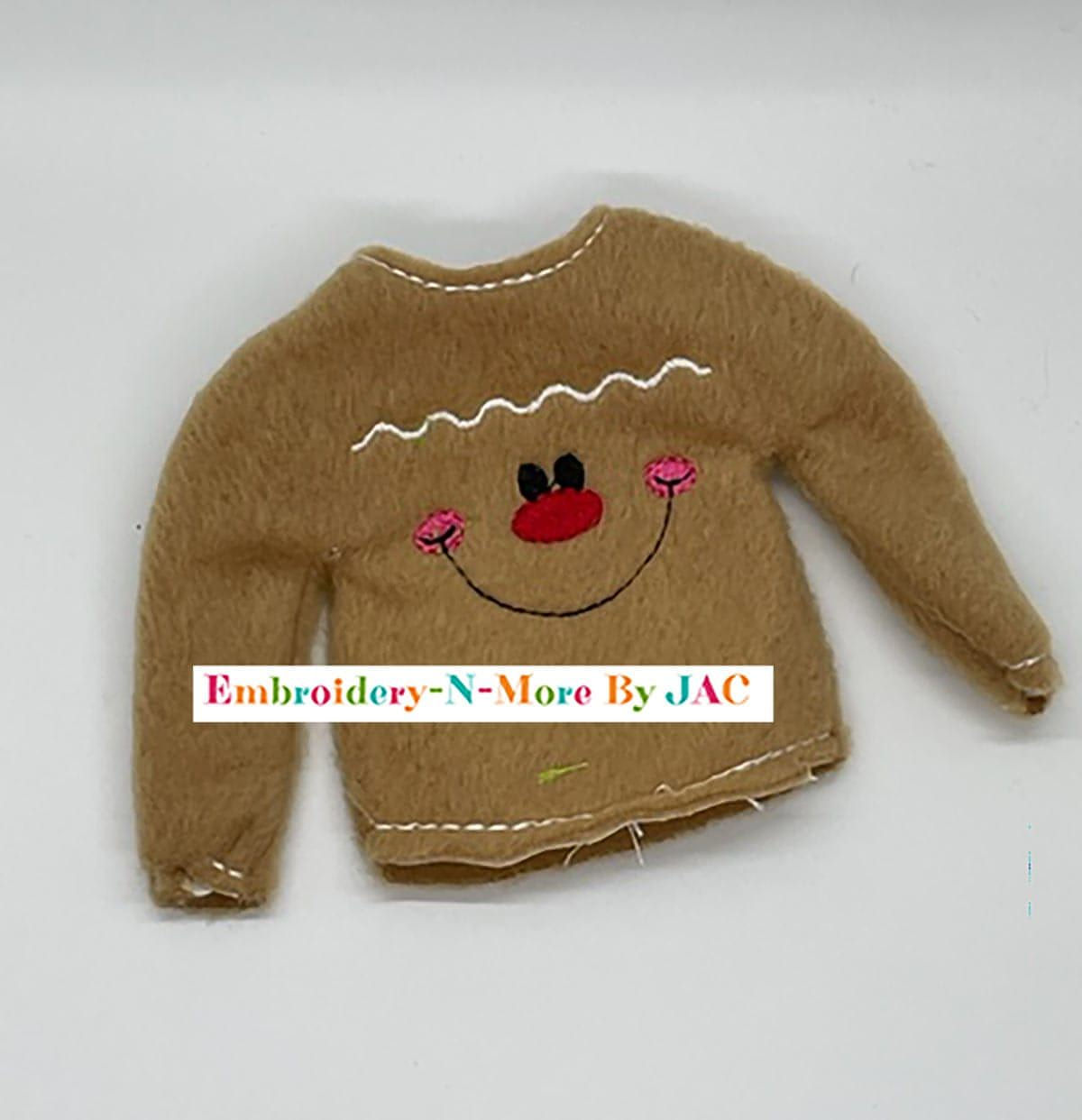 Tan elf sweater with gingerbread face