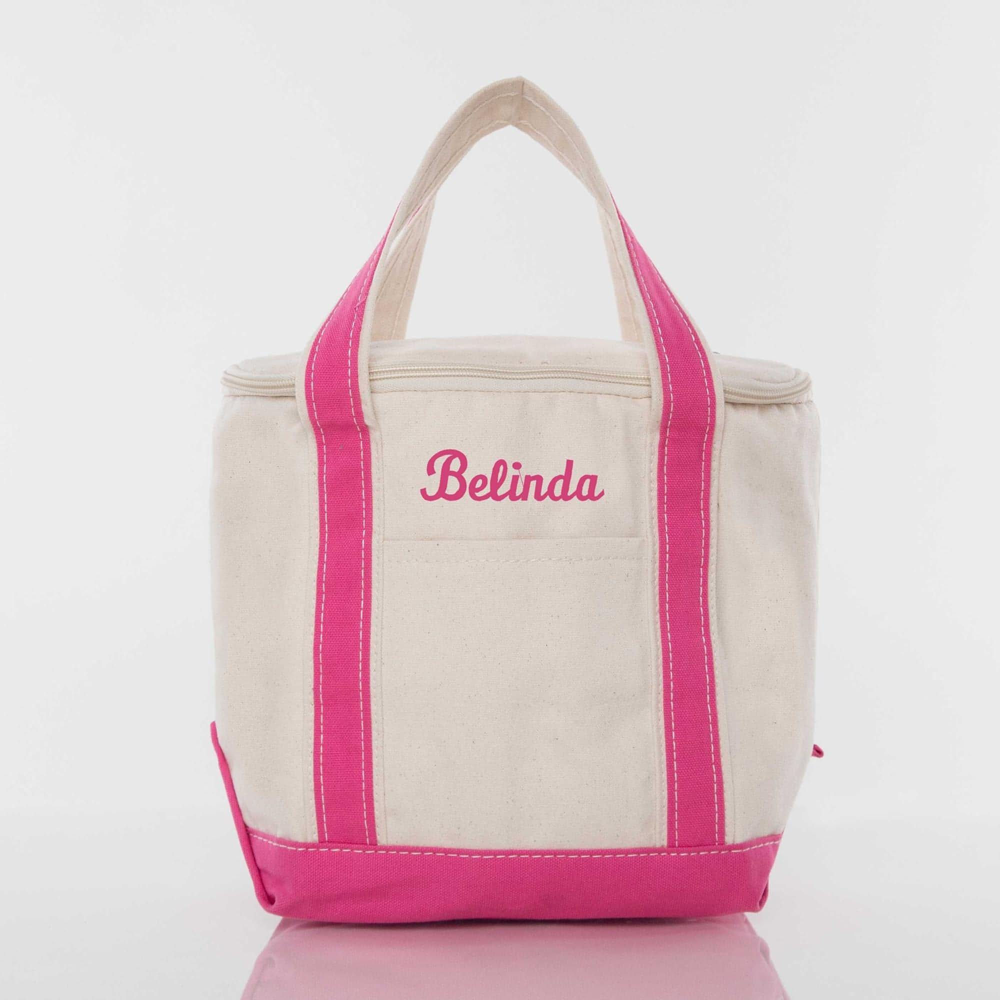 SMALL COOLER BAG WITH HOT PINK TRIM. THIS CAN BE PERSONALIZED WITH NAME, MONOGRAM OR INITIALS