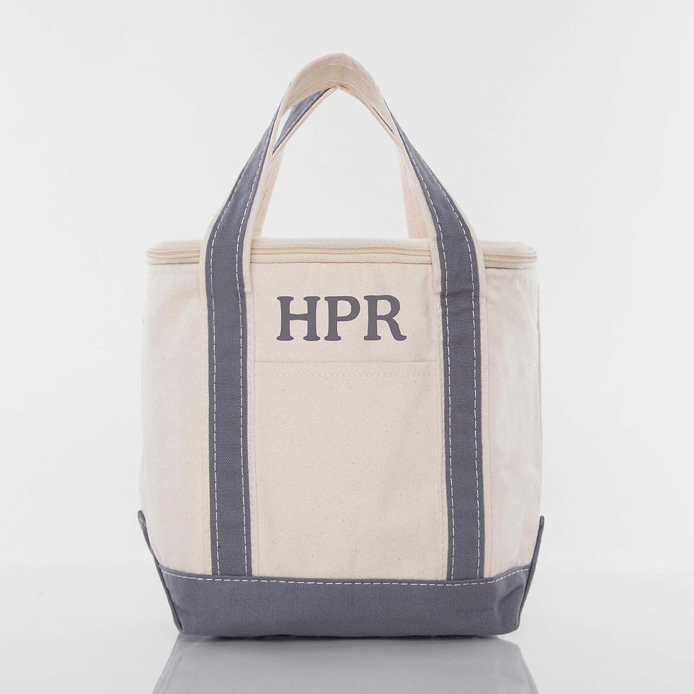 Small gray lunch cooler with grey trim. This can be personalized with a name, initial or mongogram