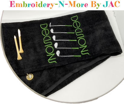 Black trifold golf towel with hook. Embroidered with decisions decisions and image of different clubs green-embroidery.