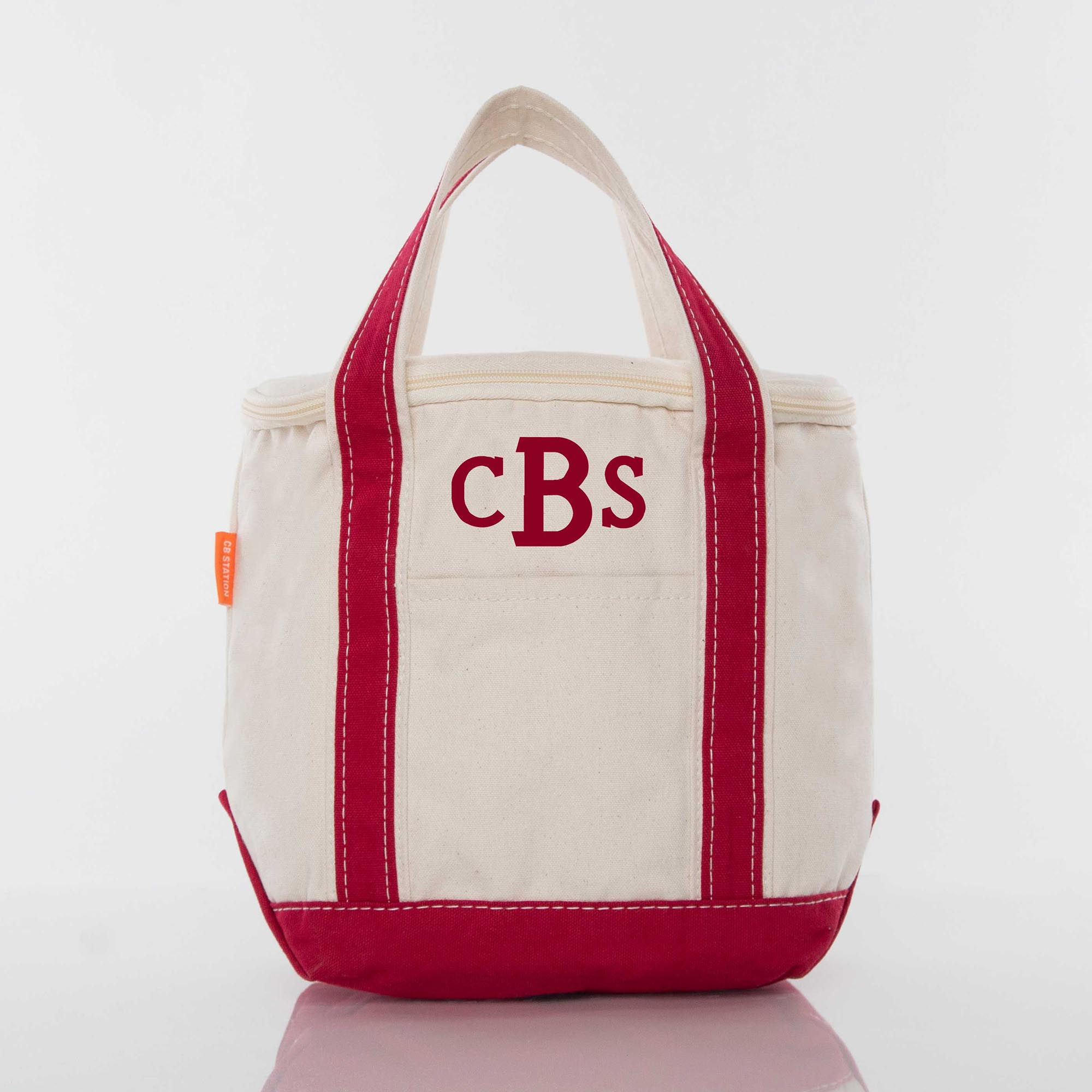 SMALL COOLER BAG WITH RED TRIM. THIS CAN BE PERSONALIZED WITH NAME, MONOGRAM OR INITIALS