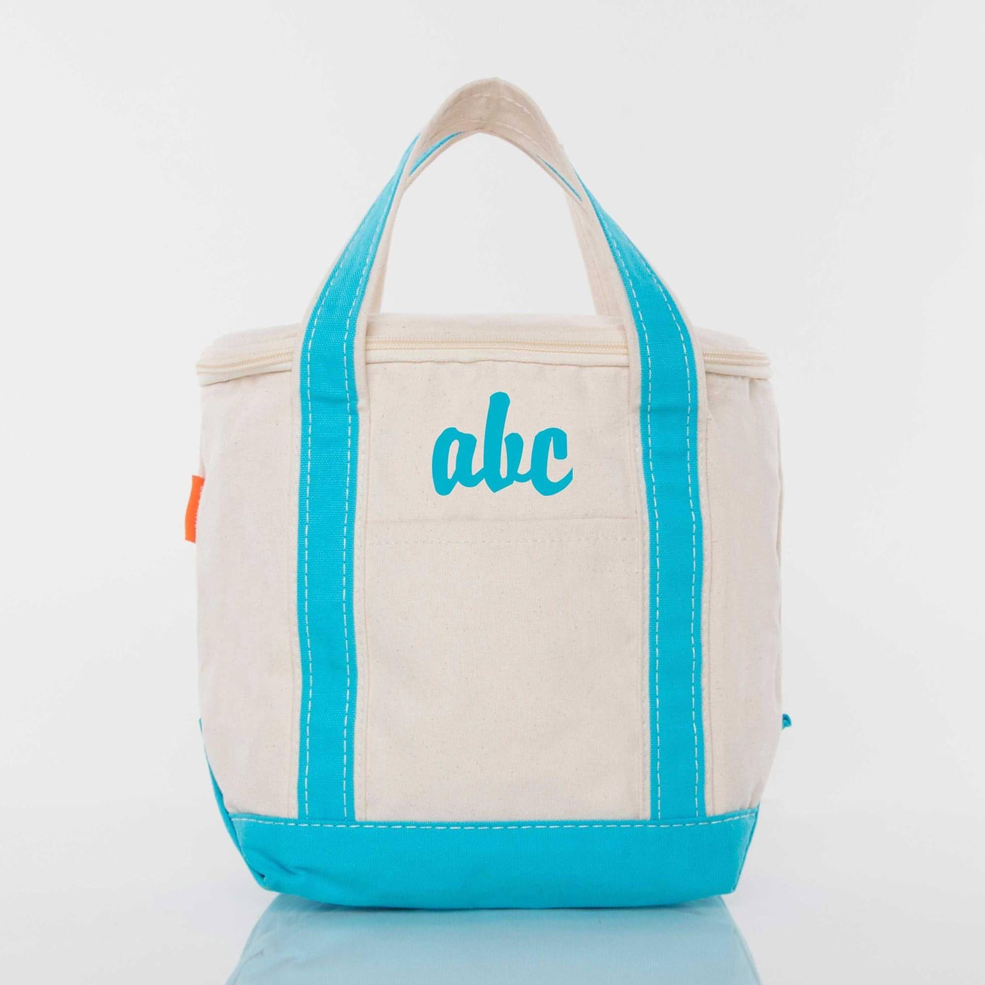 SMALL COOLER BAG WITH TURQUOISE TRIM. THIS CAN BE PERSONALIZED WITH NAME, MONOGRAM OR INITIALS