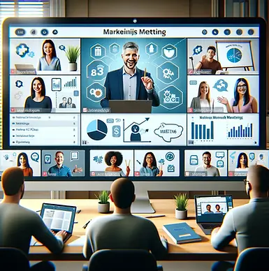 DALL·E 2024-03-26 19.44.18 - An online mentoring session focused on marketing and sales skills. The scene shows a virtual meeting on a computer screen, with several windows open d.webp