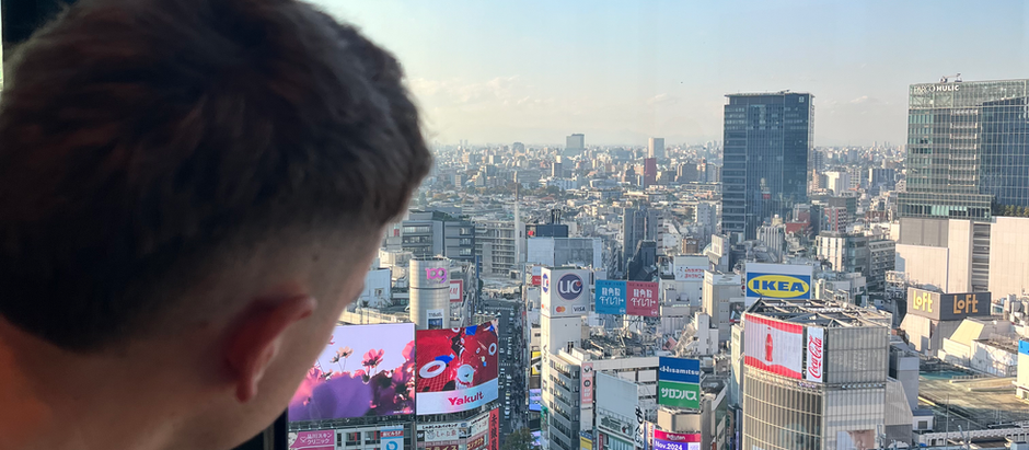 Man looking at aerial view of Tokyo city.