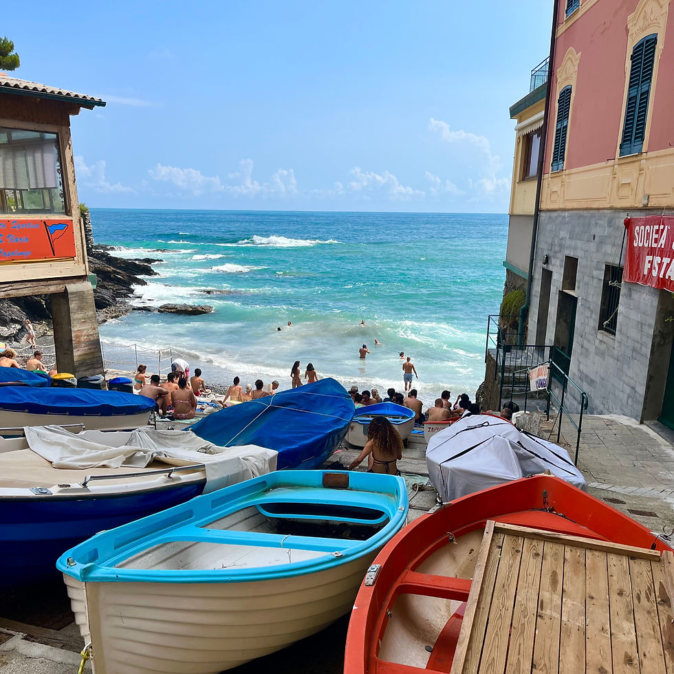 Boats lined up on a rocky shore, people swimming and sunbathing. Bright blue sea, sunny day. Red sign on a building reads "SOCIETA."