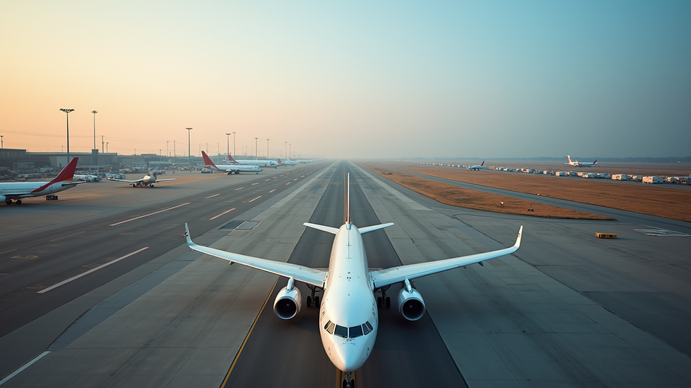High angle view of an airport runway with planes waiting for clearance