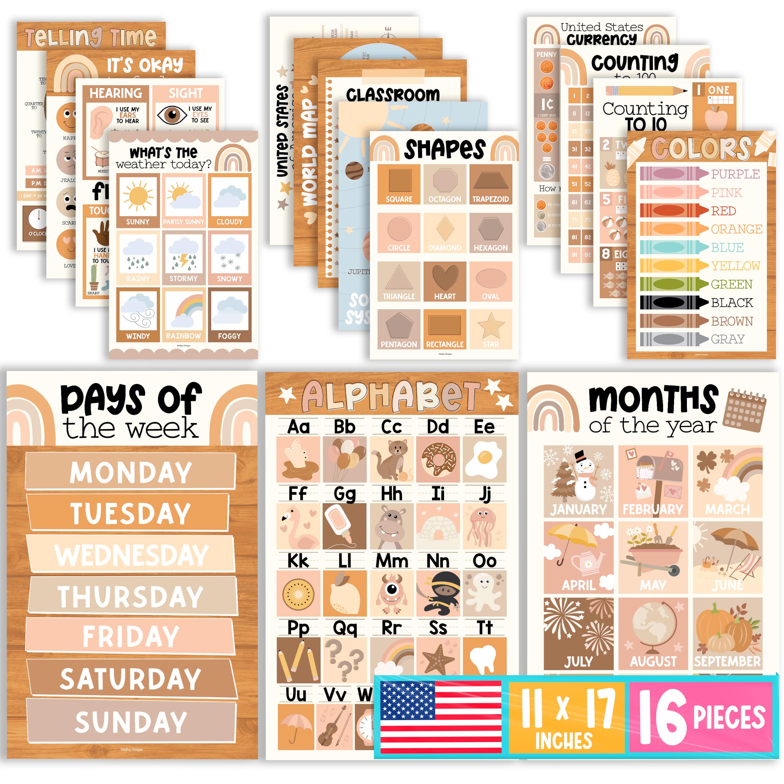 Boho Preschool Learning Posters — Set of 16