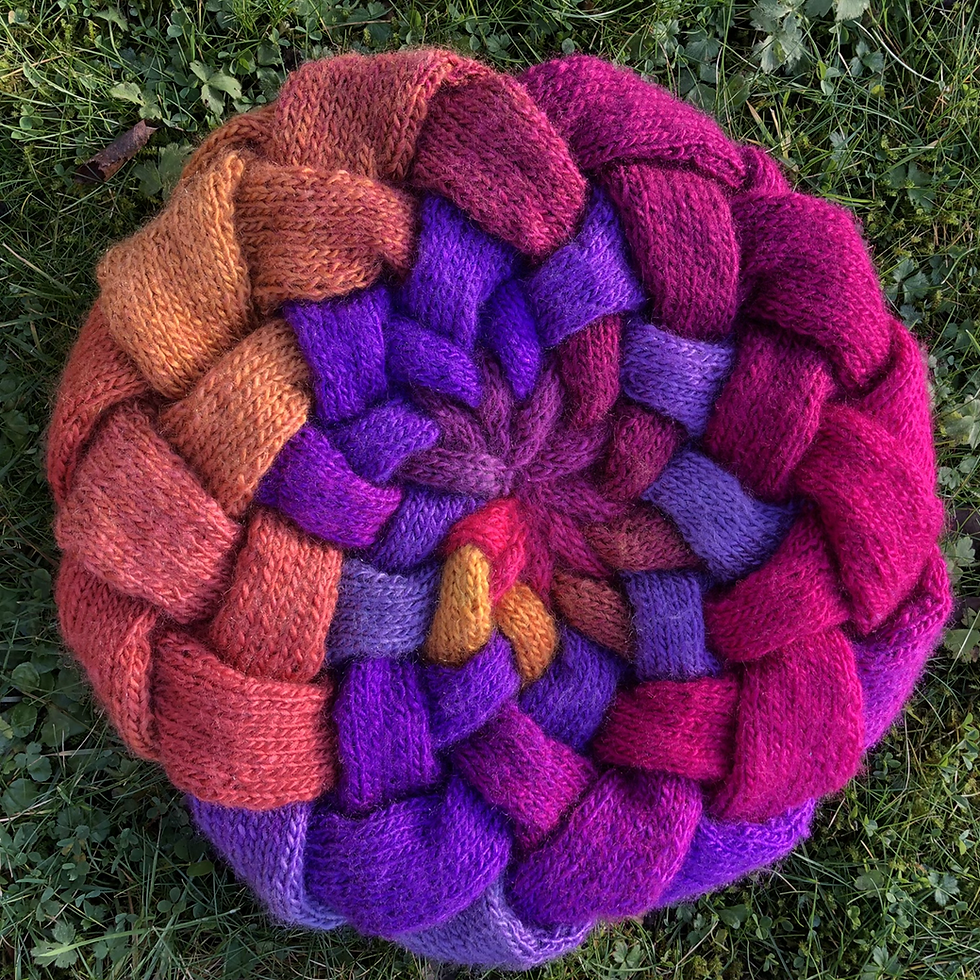 Thumbnail: Hand-knitted Entrelac Knitting Tam in Purple, Lilac, Pink & Burnt Orange