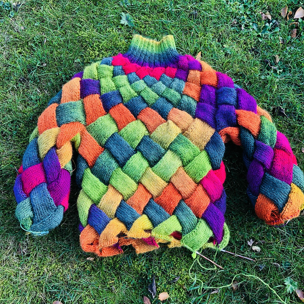 Thumbnail: Hand-knitted Entrelac Sweater in Red, Orange, Yellow, Green & Pink