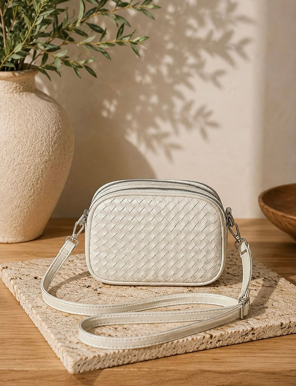 Thumbnail: TRIPLE ZIP WEAVE CROSSBODY BAG IN STONE
