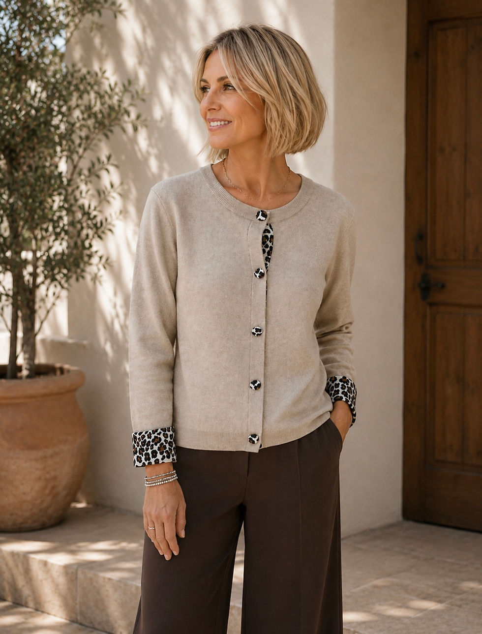 Thumbnail: LEOPARD EDGE CARDIGAN IN OATMEAL