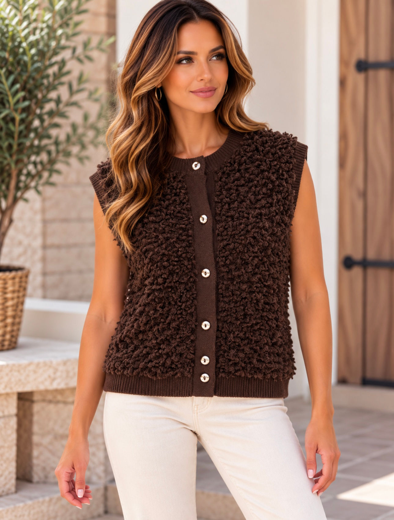 TEDDY KNIT GILET IN CHOCOLATE