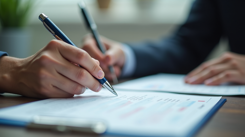 Close-up view of a person reviewing insurance documents with an agent