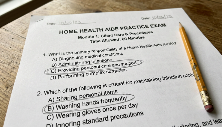 Close-up view of a printed practice exam with a pencil beside circled answers