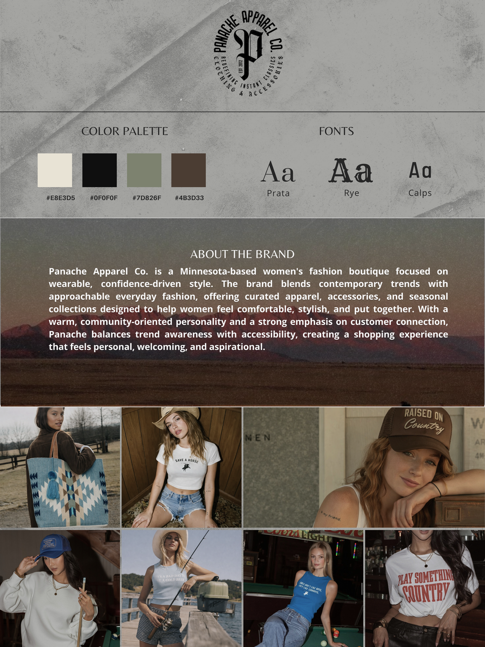 Panache Apparel Co. brand identity sheet featuring the company's logo, color palette, typography system, brand description, and visual mood board. The palette combines warm ivory, black, muted sage green, and rich brown tones. Brand fonts include Prata, Rye, and Calps. The mood board showcases lifestyle photography of women wearing western-inspired fashion, graphic tees, trucker hats, denim, accessories, and casual contemporary apparel. The overall aesthetic blends modern boutique fashion with rustic Americana and country-inspired influences.