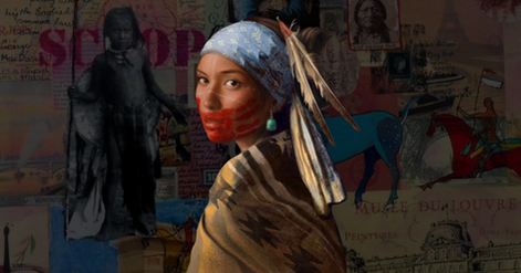 Editorial-style digital collage created as a Substack cover for The Education of Erasure. A contemporary Indigenous woman wearing a blue patterned headscarf and feather looks over her shoulder toward the viewer, her face marked with red handprints and white traditional face paint. Behind her, a faded archival photograph of an Indigenous child from the boarding school era blends into a textured collage of handwritten documents, historical ephemera, Native imagery, and muted maps. The layered composition juxtaposes past and present to symbolize the legacy of forced assimilation, cultural memory, and Indigenous resilience. Warm earth tones contrast with deep shadows, creating a museum-inspired editorial aesthetic.