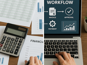 Split-screen comparison of manual, spreadsheet-heavy financial processes versus automated integrated workflows.