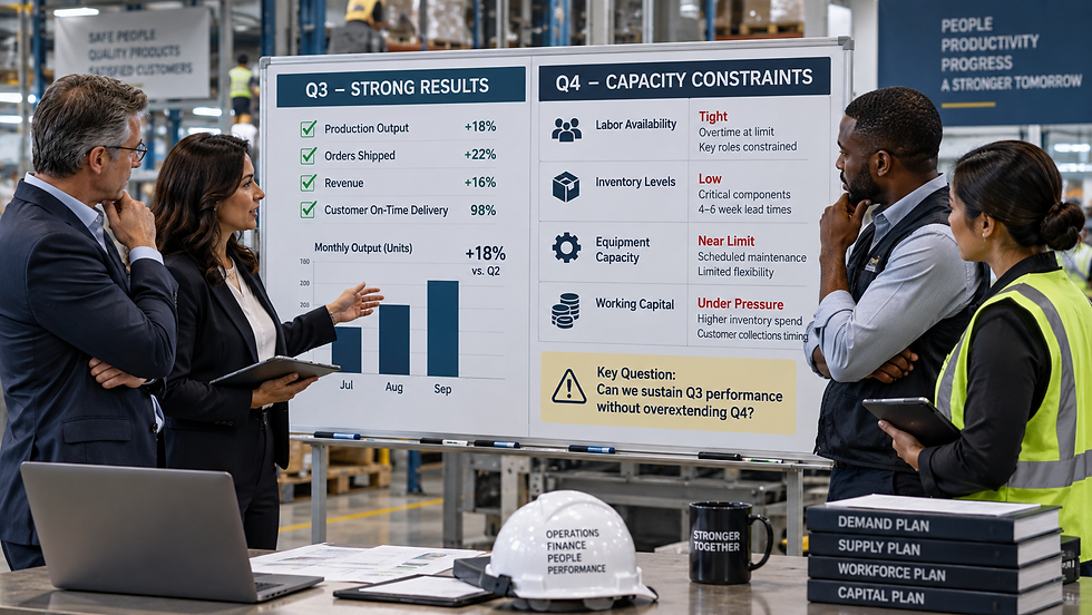 Executives reviewing Q3 performance against Q4 labor, inventory, cash, and leadership capacity requirements.