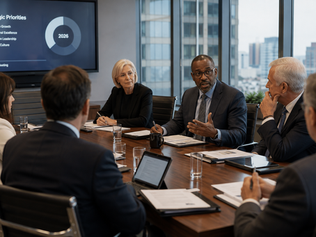 A sophisticated executive boardroom during an active meeting, with one director speaking while several others listen attentively, conveying respectful disagreement rather than hostility.