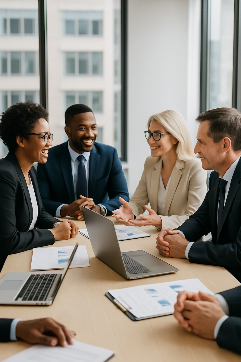 A professional business photograph showing two diverse executive teams engaged in collaborative discussion around a modern conference table with laptops and strategic documents visible.