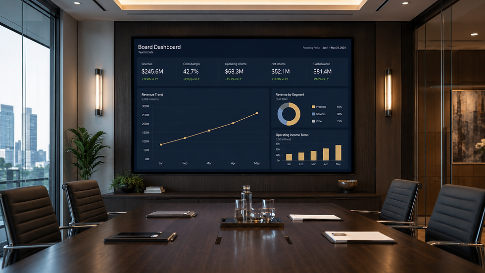 A board reporting dashboard shown on a screen in a boardroom setting.