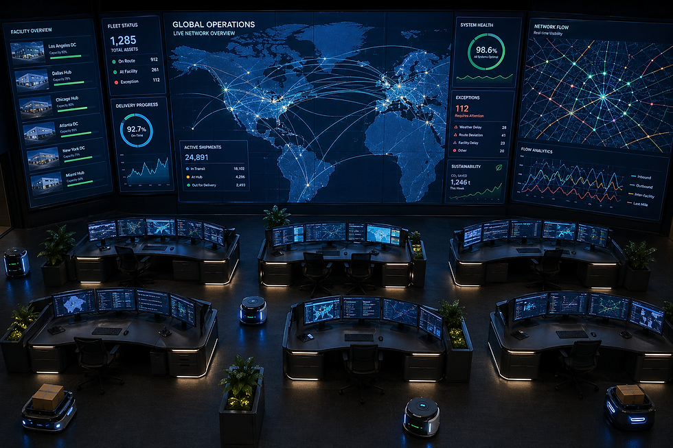 An aerial view of a logistics or operations command center with multiple screens displaying live data flows — conveying autonomous systems at work without a human hand in the frame.
