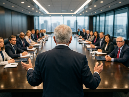 A wide-angle shot of a senior executive standing at the front of a large, modern boardroom addressing a diverse leadership team.