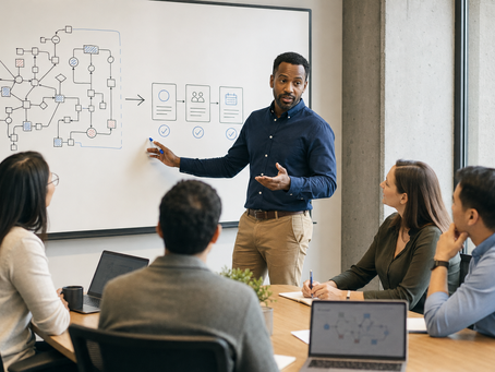 A candid shot of a mid-level manager standing at a whiteboard with a team, translating complex diagrams into simple, actionable daily milestones.