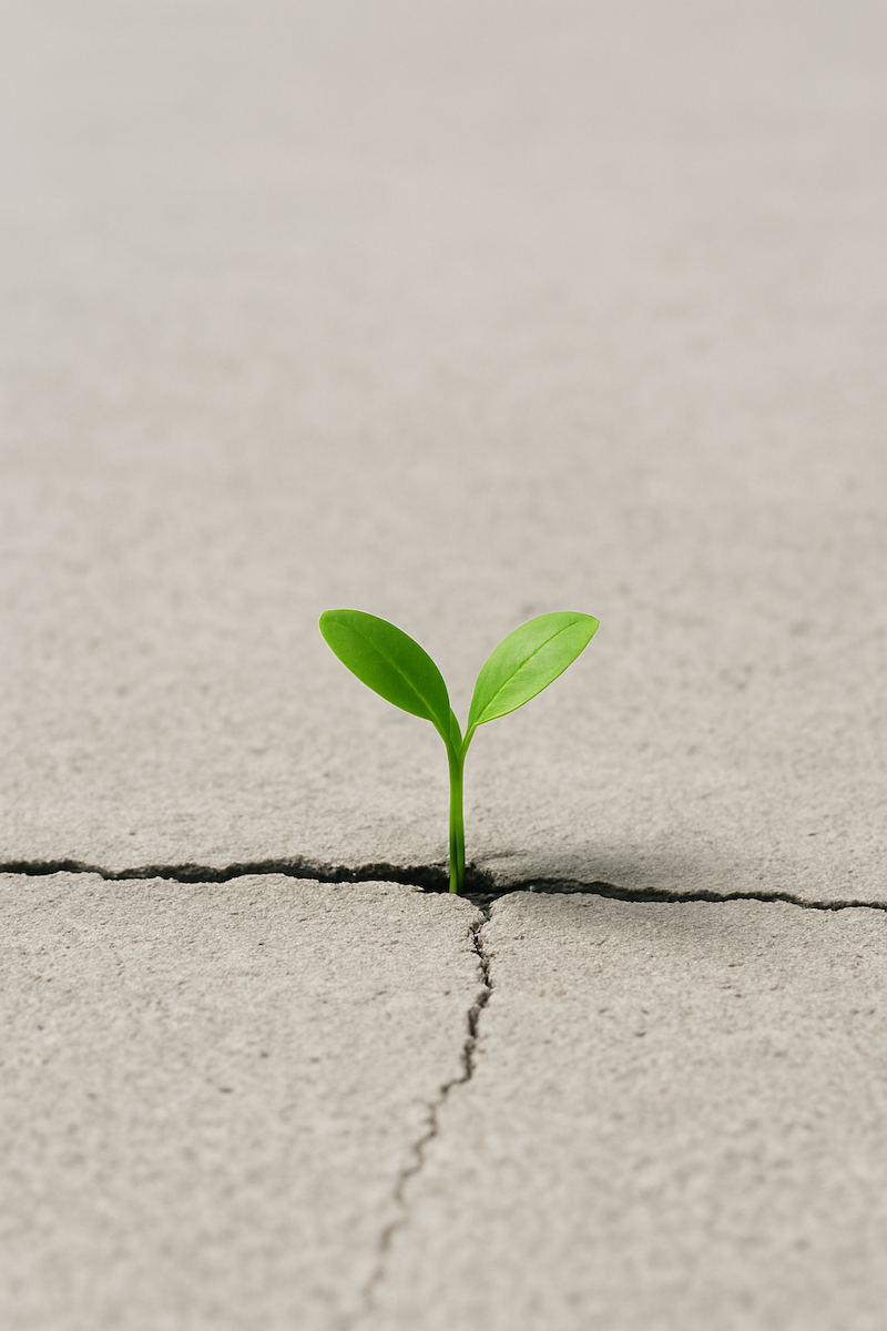 A minimalist photograph of a small seedling growing through a crack in concrete pavement, symbolizing growth and innovation emerging from constraints and limitations.