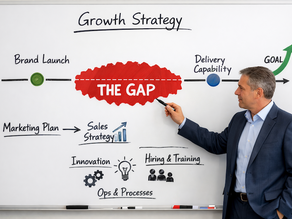 Executive at a whiteboard mapping a growth strategy with a visible gap marked between "Brand Launch" and "Delivery Capability" on a timeline.