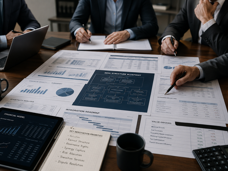 A close-up shot of an executive team working around a large wooden conference table covered in data models, financial spreadsheets, and strategic blueprints, emphasizing rigorous pre-negotiation preparation.
