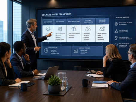 Executive team reviewing business model diagrams on a digital conference room screen.
