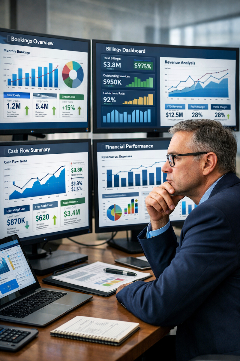 CFO reviewing multiple dashboards showing different metrics (bookings, billings, revenue, cash flow) with analytical expression, representing the need for multidimensional financial visibility.
