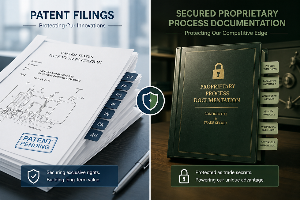 Split visual showing patent filings on one side and secured proprietary process documentation on the other.