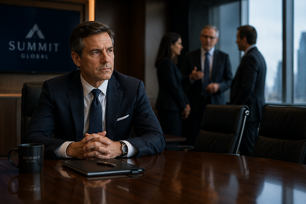 A CEO seated alone at a boardroom table while blurred executives speak quietly in the background.