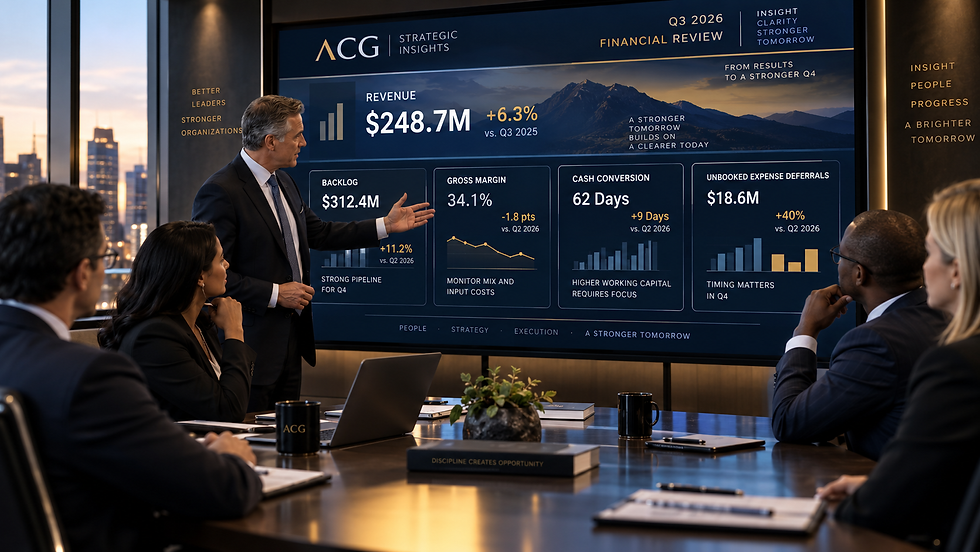 Executives reviewing a Q3 close dashboard with backlog, margin trend, cash conversion, and expense deferrals displayed alongside a revenue figure.